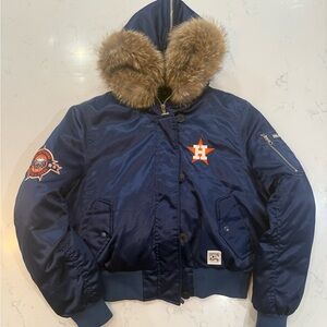 Houston Astros Vintage Navy Blue Bomber Jacket with Fur Hood
